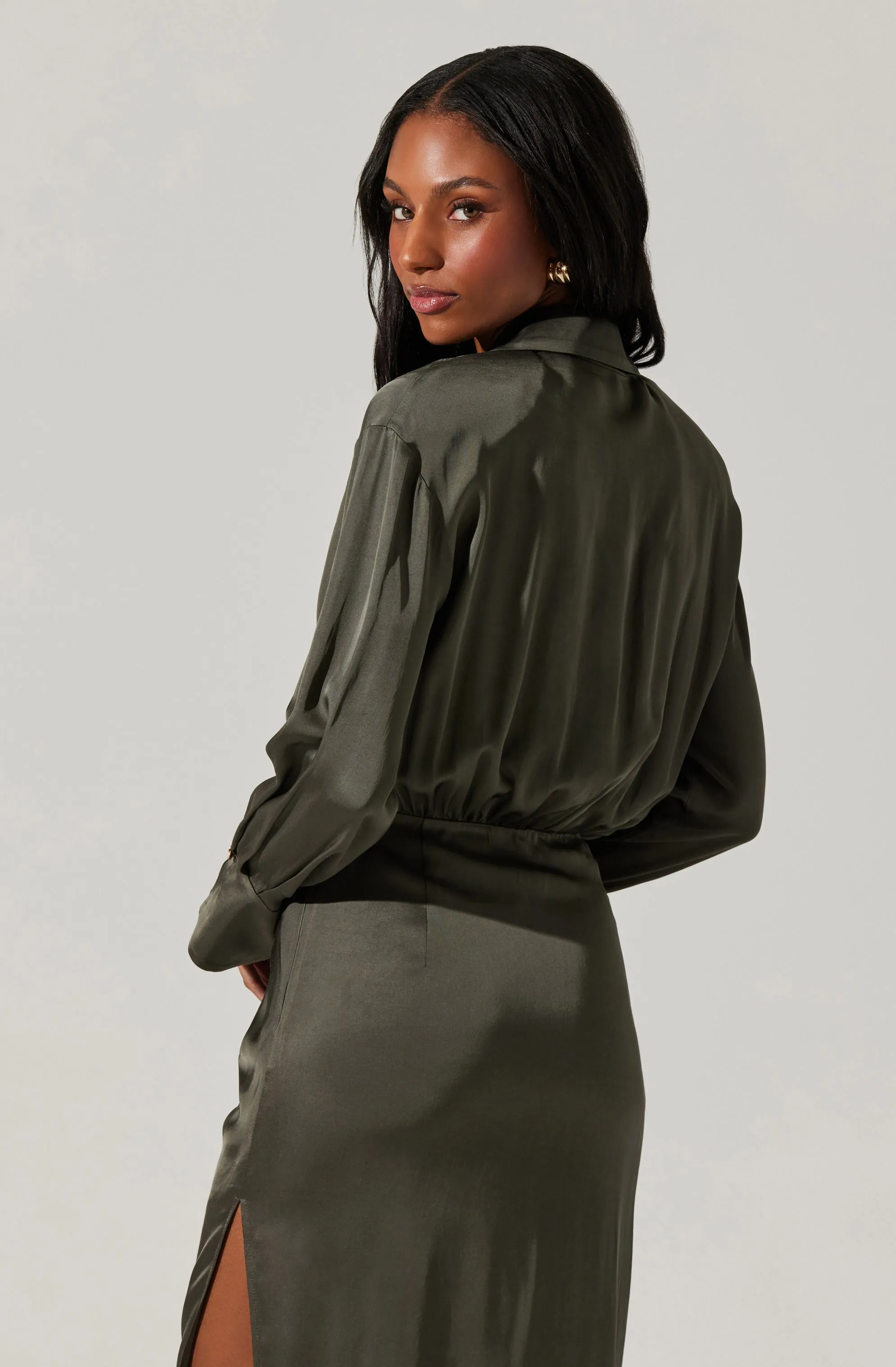 Elizabello Satin Shirt Midi Dress