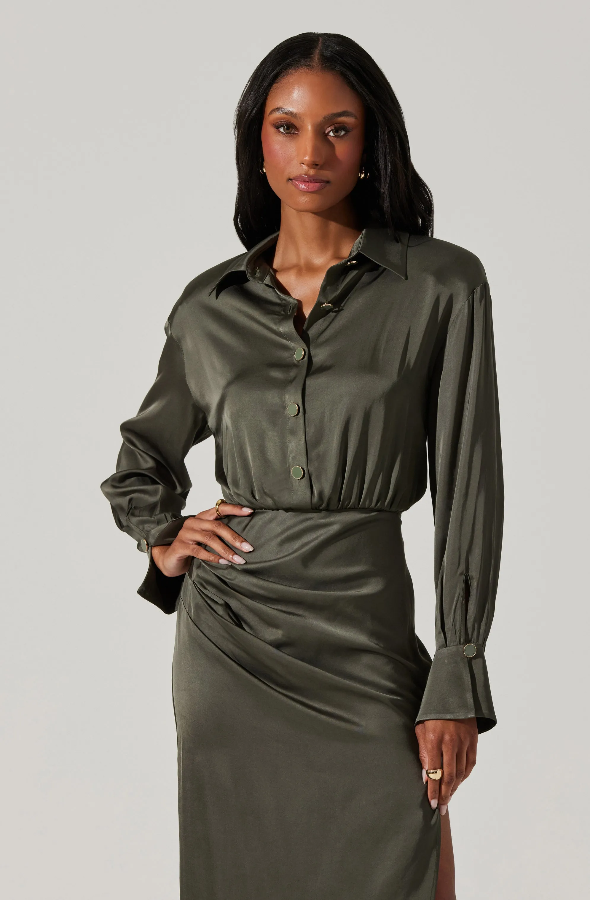 Elizabello Satin Shirt Midi Dress