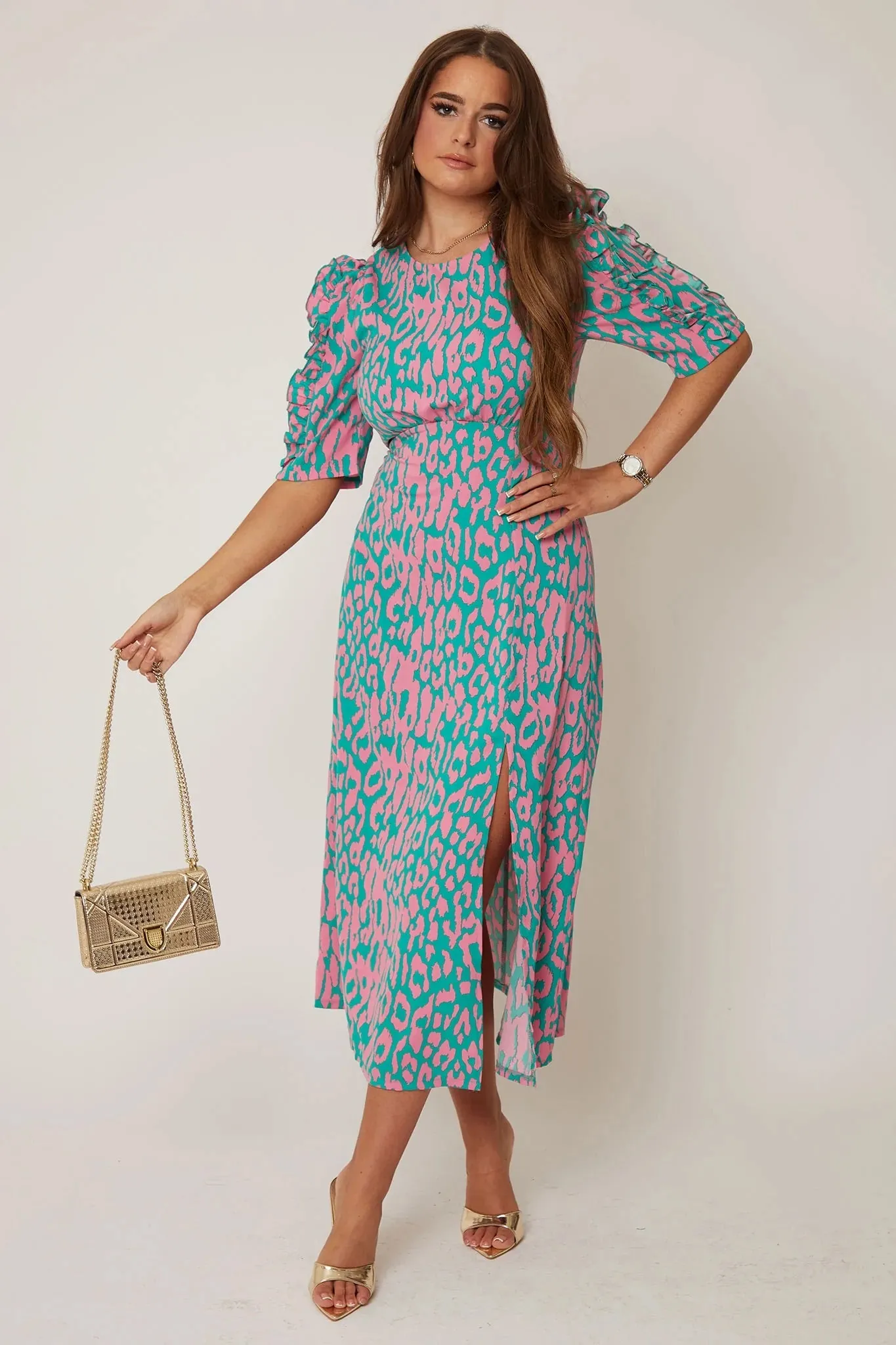 Emilie Pink and Turquoise Print Frill Sleeve Midi Dress