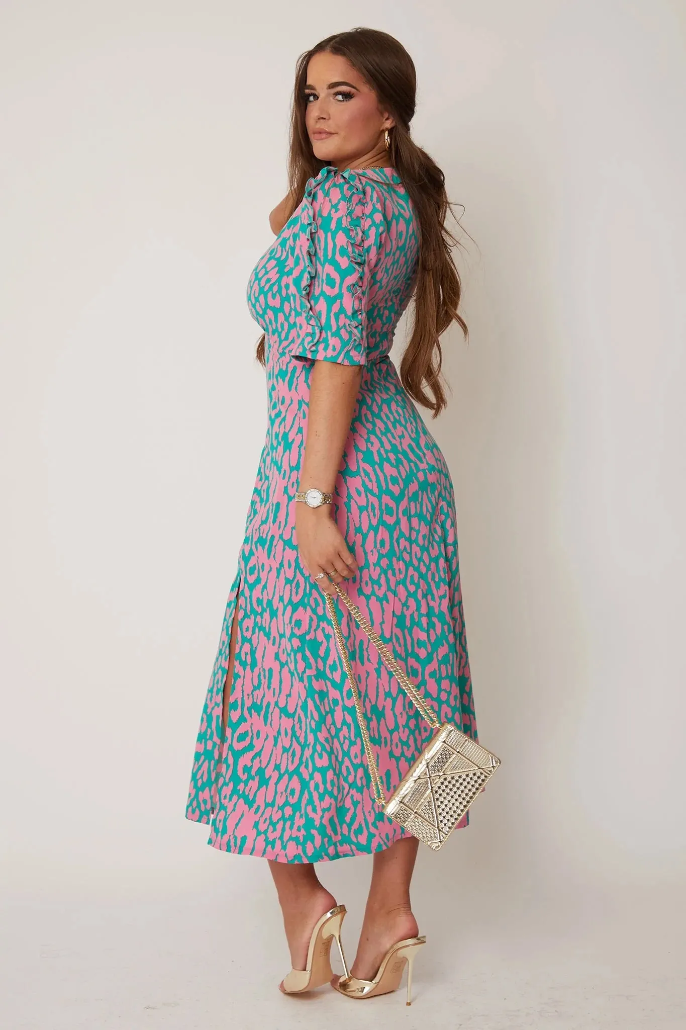 Emilie Pink and Turquoise Print Frill Sleeve Midi Dress