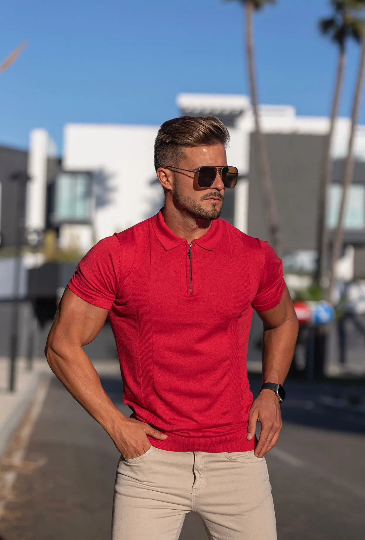 Father Sons Classic Red and Black Zip Knitted Short Sleeve Polo - FSH467