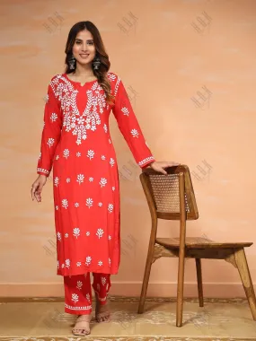 Fizaa Chikankari  Long Modal Kurta Set - RED