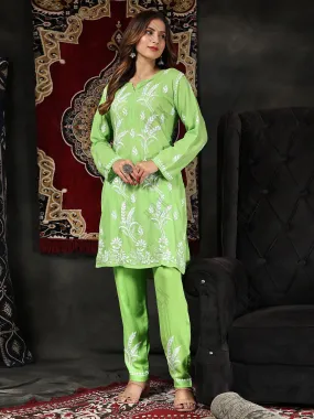 Fizaa Chikankari Short Modal Kurta Set - Green