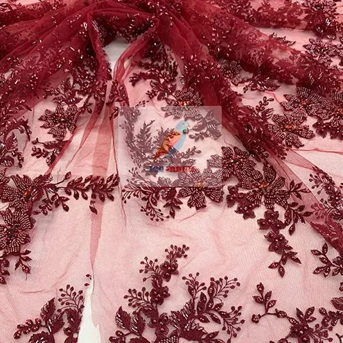 Floral Embroidered Bridal Beaded Mesh Lace Fabric For Prom Dress