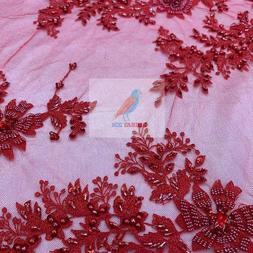 Floral Embroidered Bridal Beaded Mesh Lace Fabric For Prom Dress