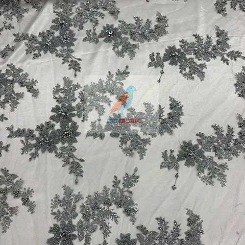 Floral Embroidered Bridal Beaded Mesh Lace Fabric For Prom Dress