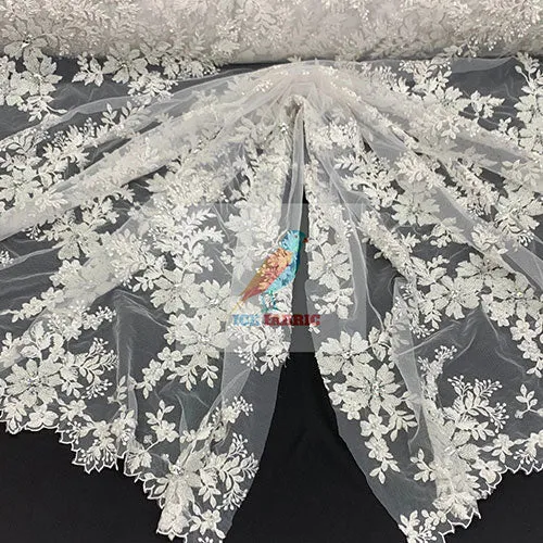 Floral Embroidered Bridal Beaded Mesh Lace Fabric For Prom Dress