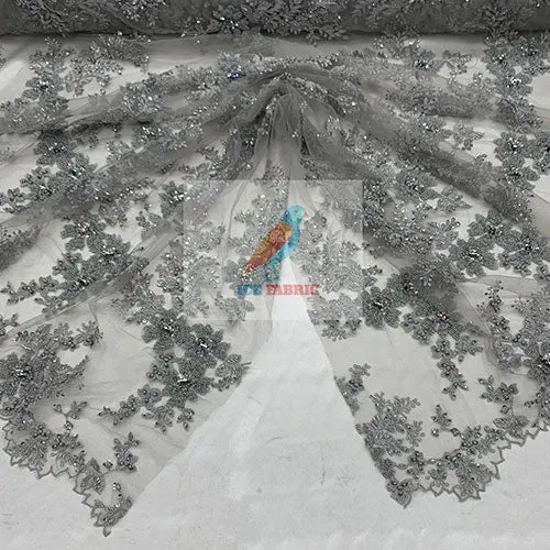 Floral Embroidered Bridal Beaded Mesh Lace Fabric For Prom Dress