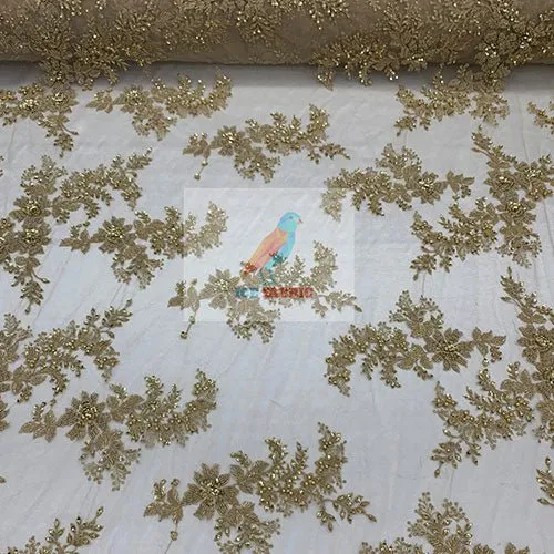 Floral Embroidered Bridal Beaded Mesh Lace Fabric For Prom Dress