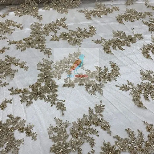 Floral Embroidered Bridal Beaded Mesh Lace Fabric For Prom Dress