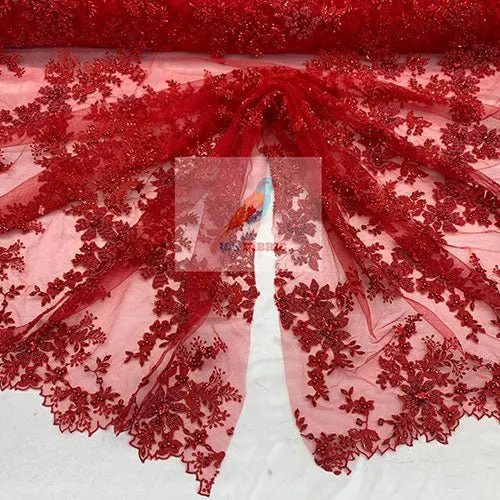 Floral Embroidered Bridal Beaded Mesh Lace Fabric For Prom Dress