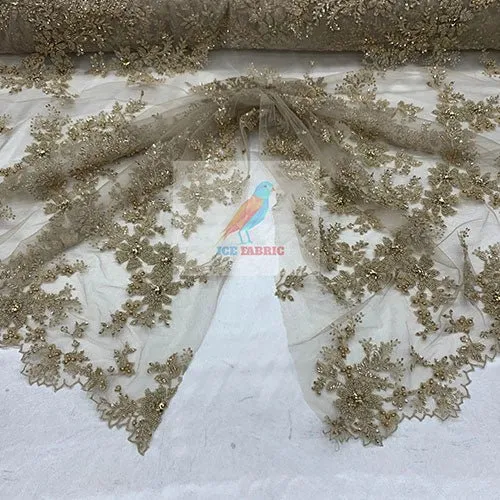 Floral Embroidered Bridal Beaded Mesh Lace Fabric For Prom Dress