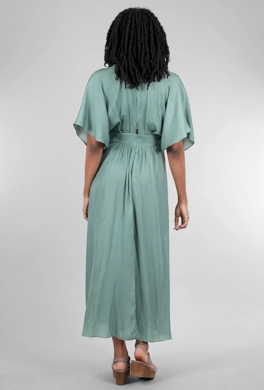 Flutter-Sleeve Asym Maxi Dress, Dusty Teal