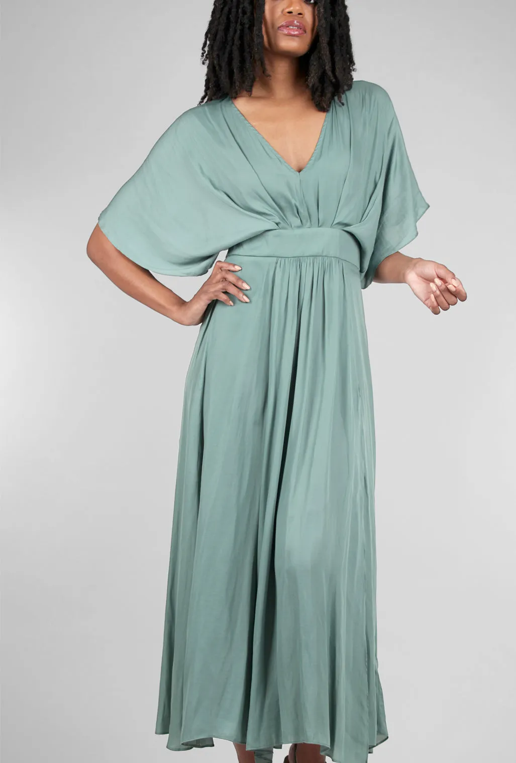 Flutter-Sleeve Asym Maxi Dress, Dusty Teal