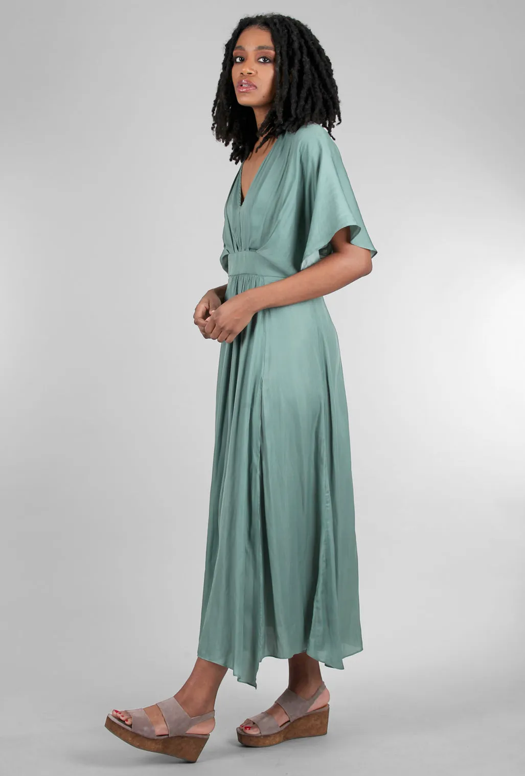 Flutter-Sleeve Asym Maxi Dress, Dusty Teal