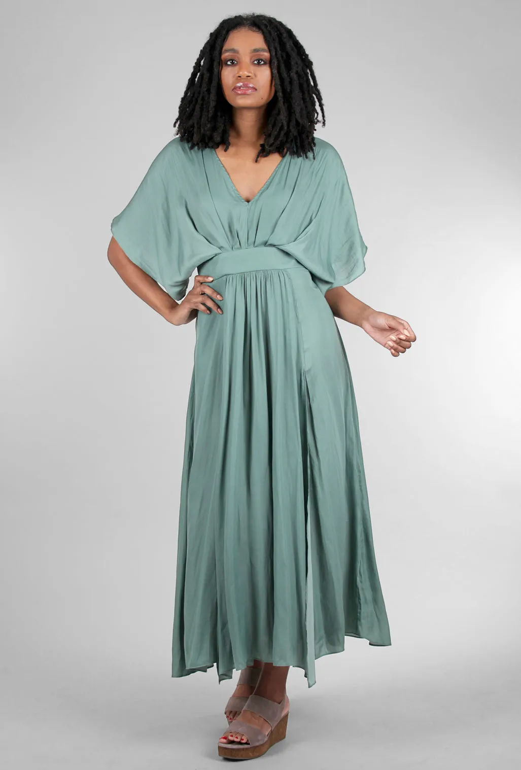 Flutter-Sleeve Asym Maxi Dress, Dusty Teal