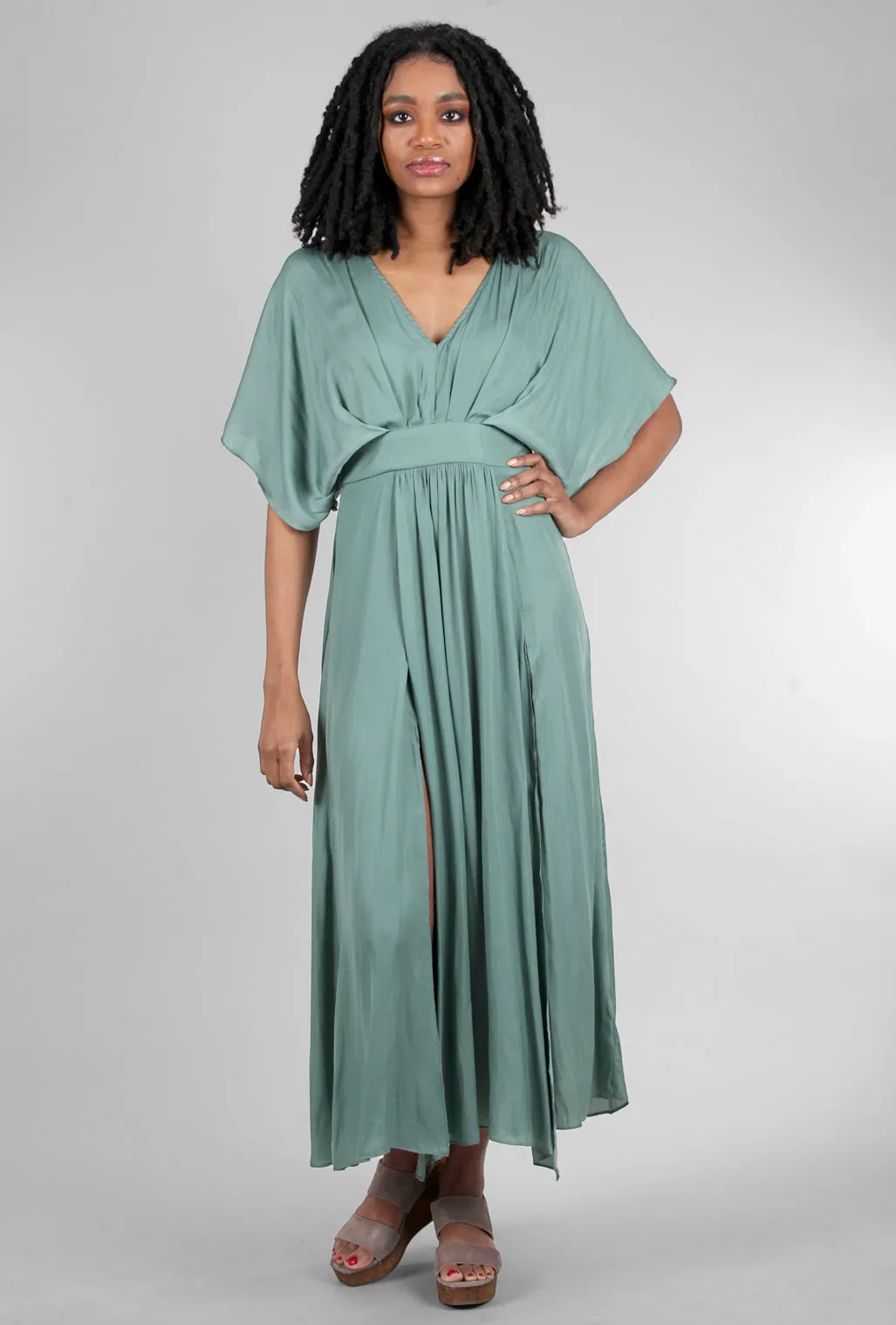 Flutter-Sleeve Asym Maxi Dress, Dusty Teal