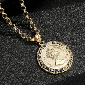 Gold Filled Royal Queen Coin Pendant with Stones 22 Inch 4mm Belcher Chain