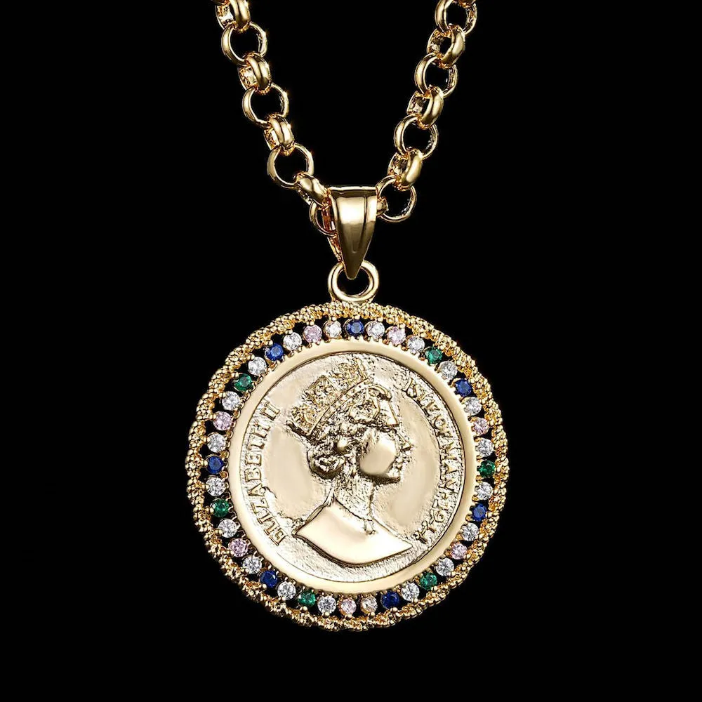 Gold Filled Royal Queen Coin Pendant with Stones 22 Inch 4mm Belcher Chain