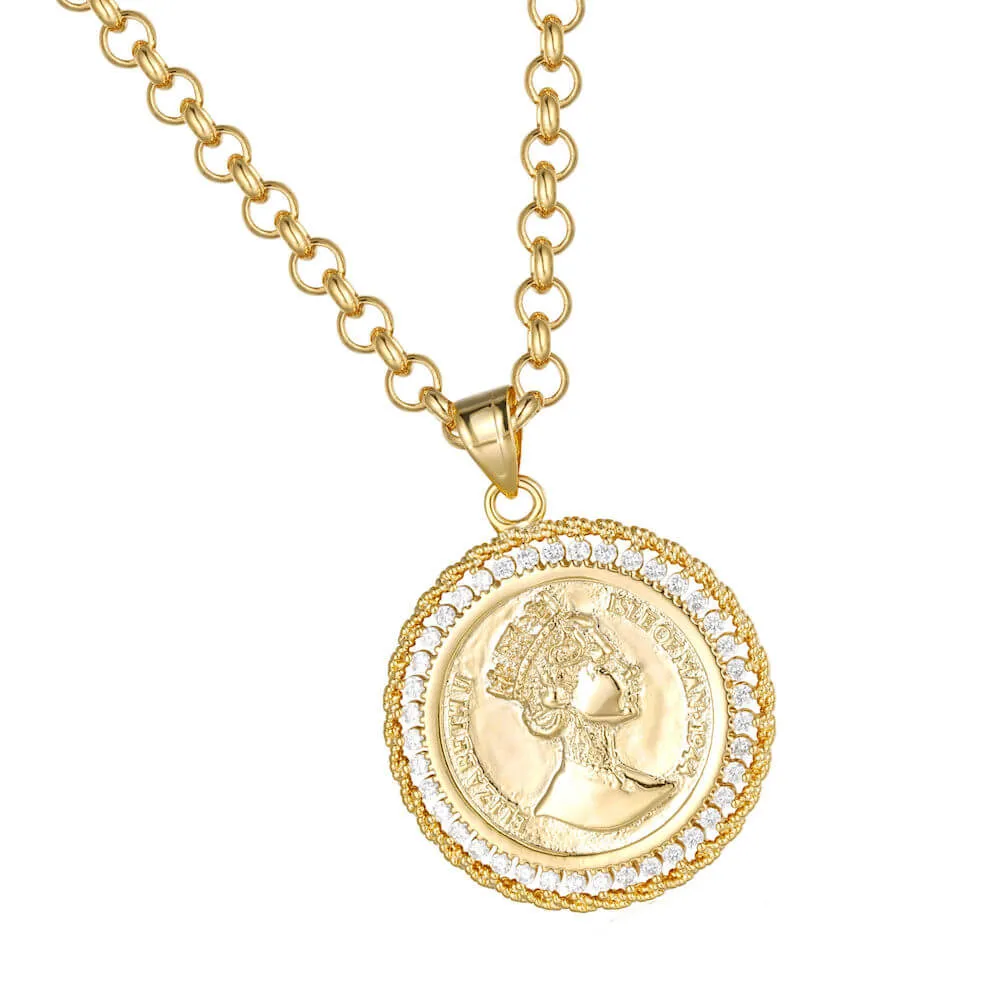 Gold Filled Royal Queen Coin Pendant with Stones 22 Inch 4mm Belcher Chain