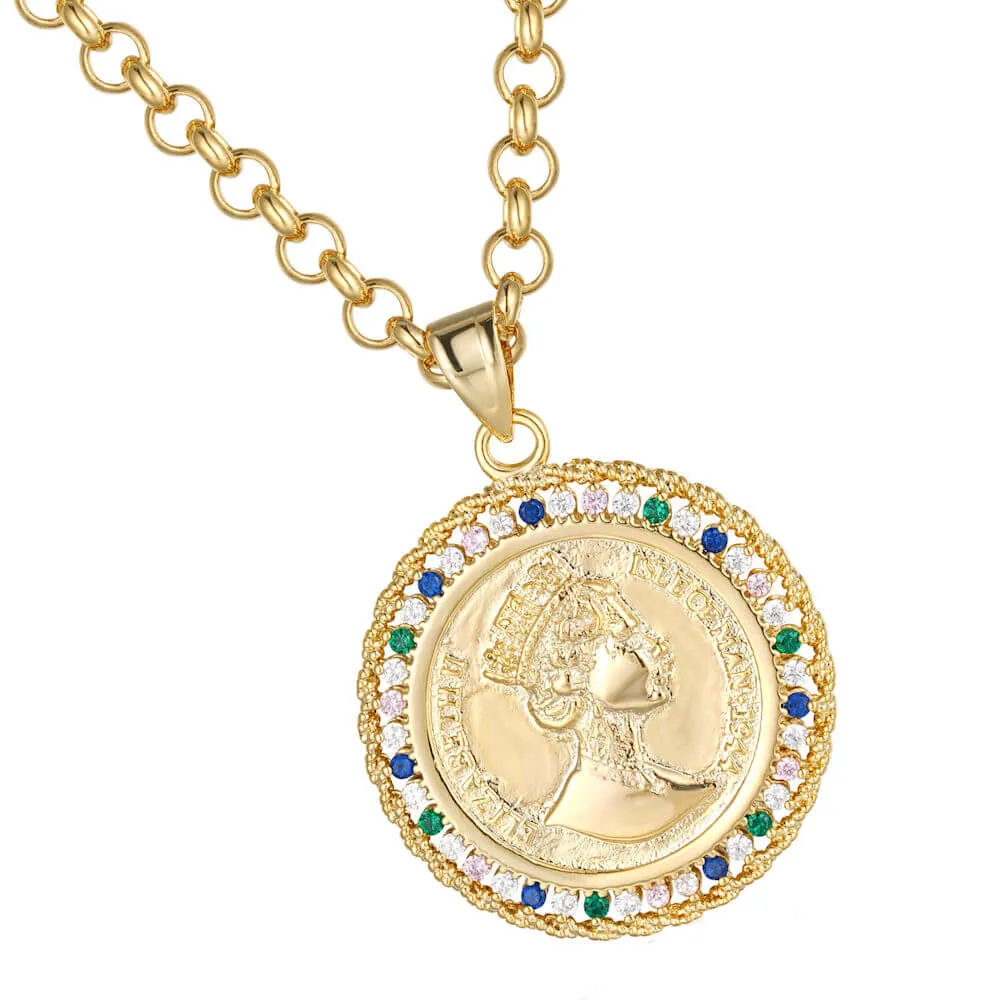 Gold Filled Royal Queen Coin Pendant with Stones 22 Inch 4mm Belcher Chain