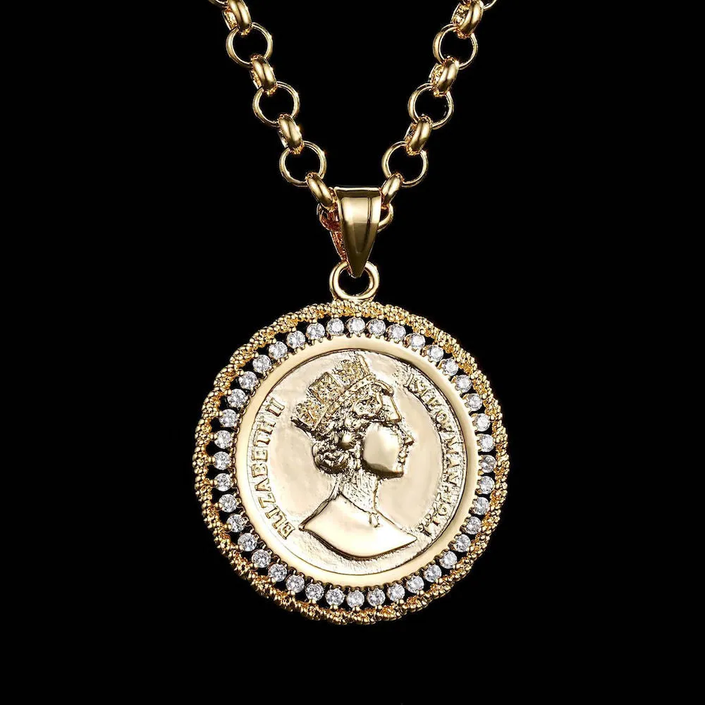 Gold Filled Royal Queen Coin Pendant with Stones 22 Inch 4mm Belcher Chain