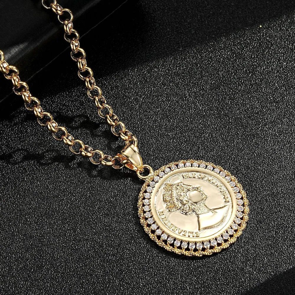 Gold Filled Royal Queen Coin Pendant with Stones 22 Inch 4mm Belcher Chain