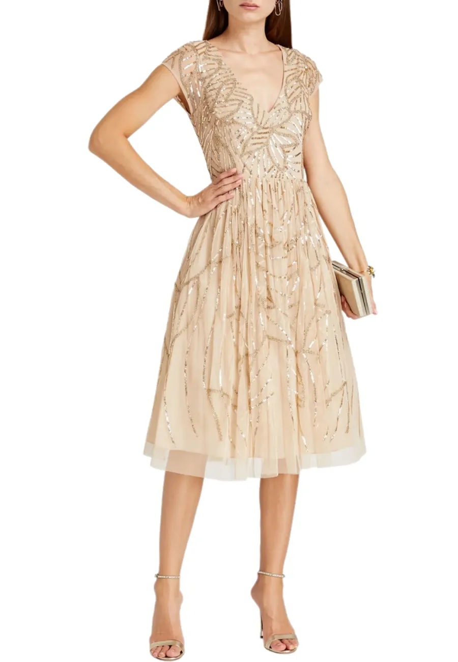 Gold V-Neck Gathered Embellished Tulle Midi Dress