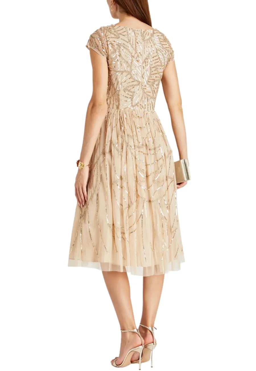 Gold V-Neck Gathered Embellished Tulle Midi Dress