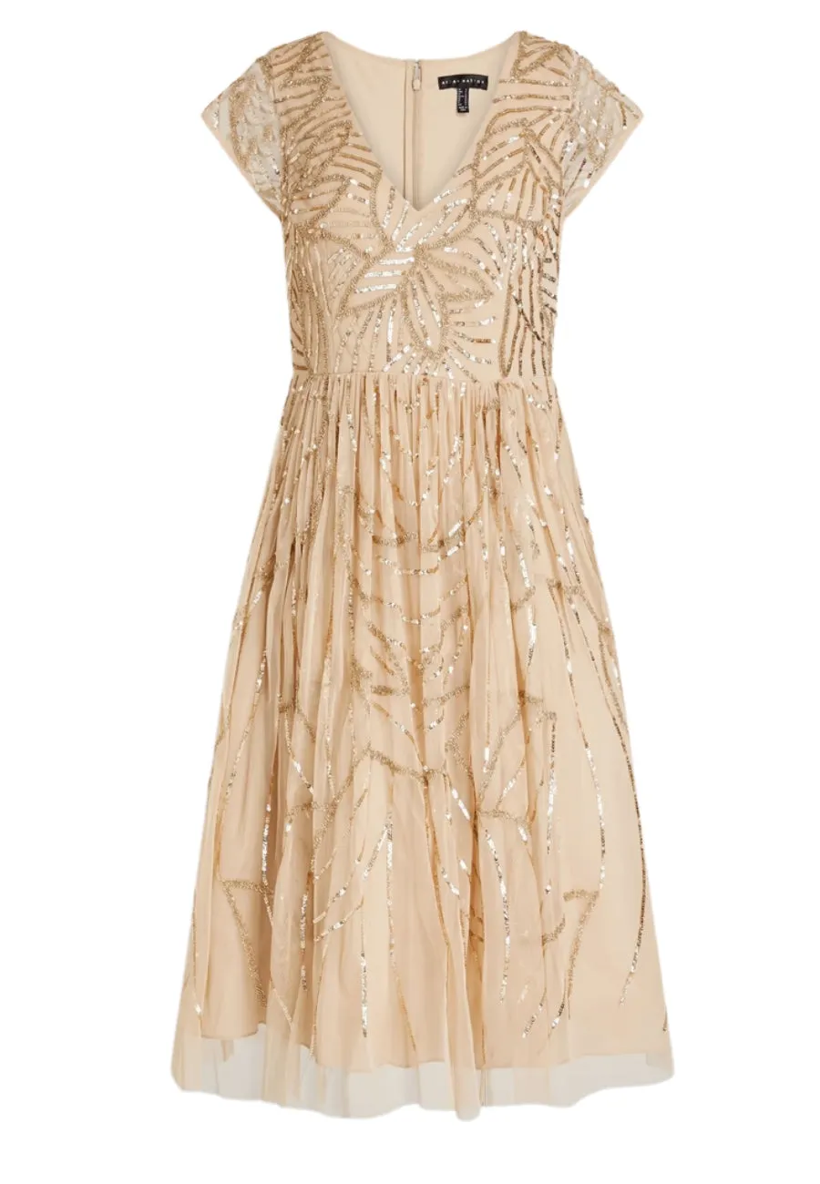 Gold V-Neck Gathered Embellished Tulle Midi Dress