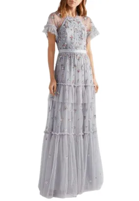 Grey Lustre Short Sleeves Embellished Gown