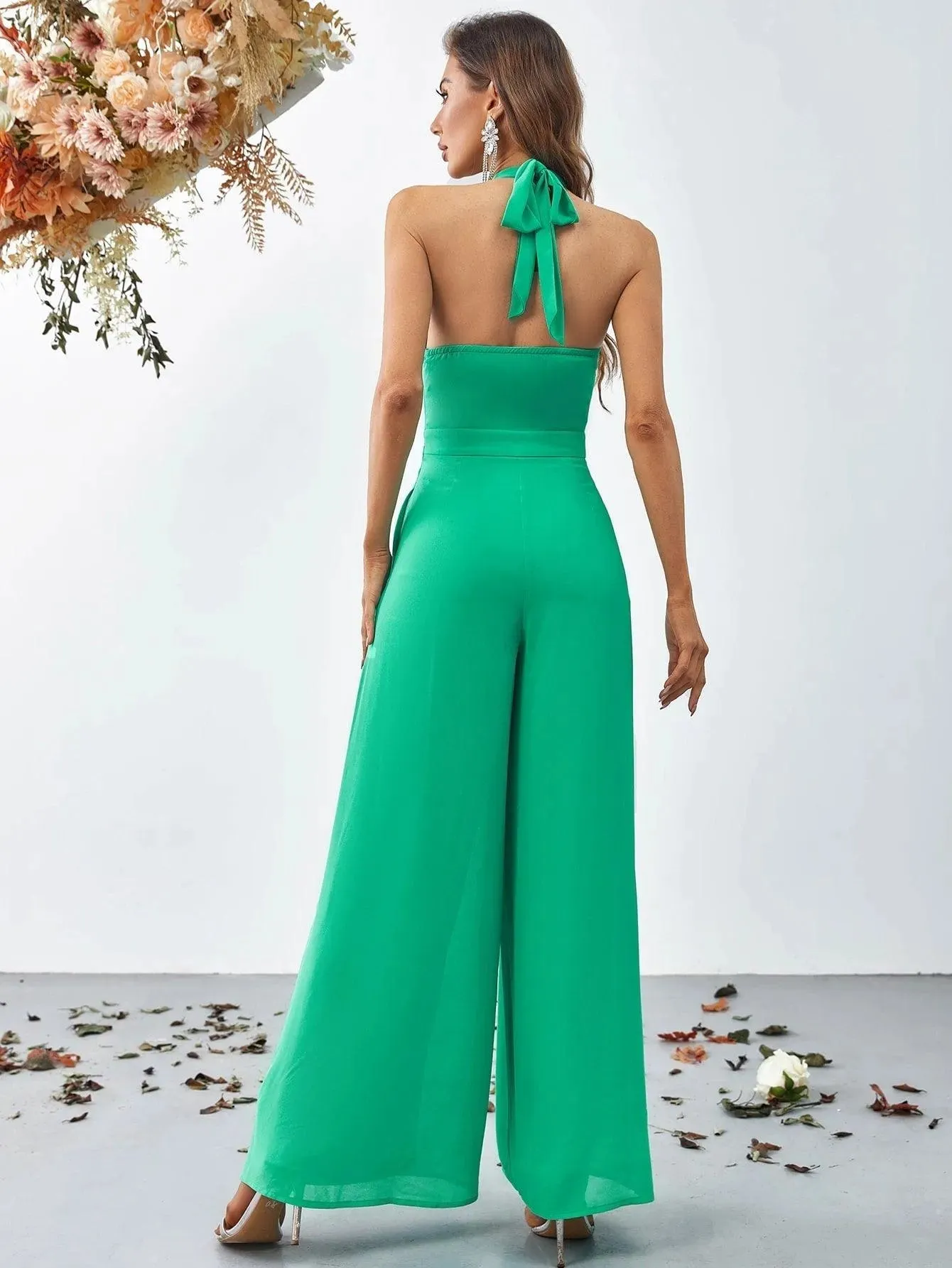 Halter Neck Cut Out Chiffon Wide Leg Jumpsuit