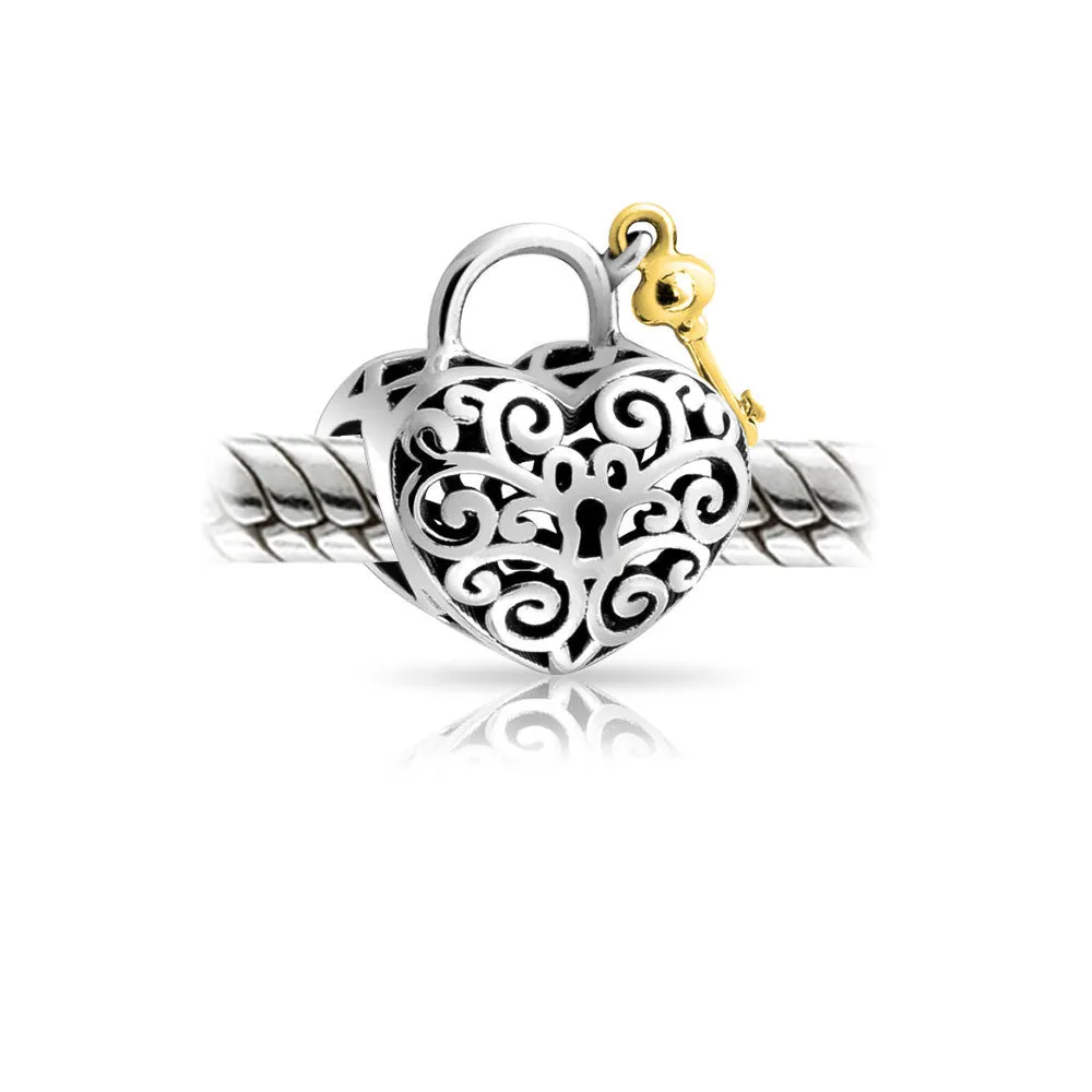 Heart Shaped Lock Love Gold Plated Key Charm Bead .925 Sterling Silver