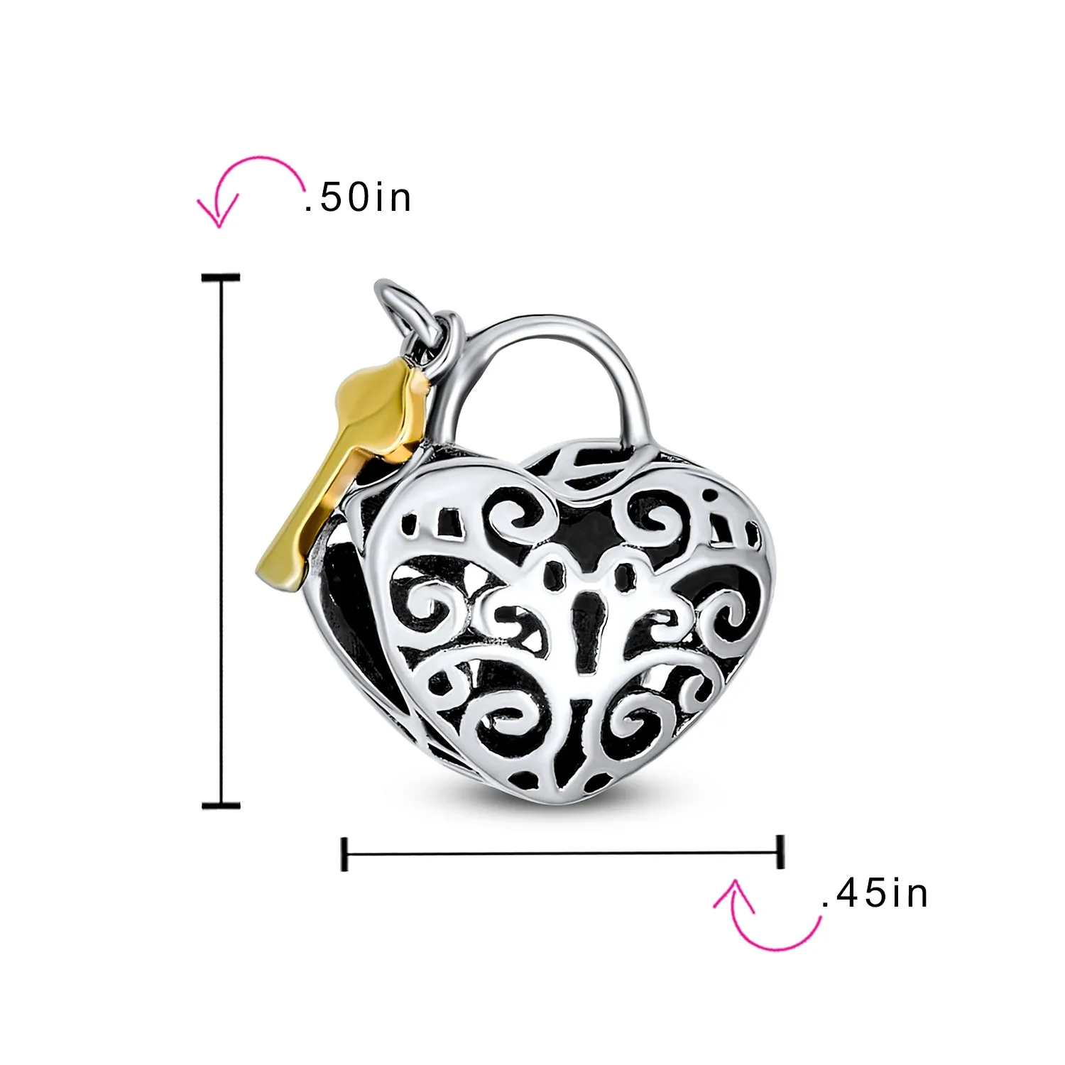 Heart Shaped Lock Love Gold Plated Key Charm Bead .925 Sterling Silver