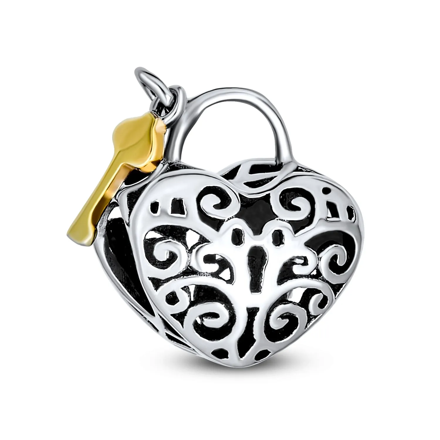 Heart Shaped Lock Love Gold Plated Key Charm Bead .925 Sterling Silver