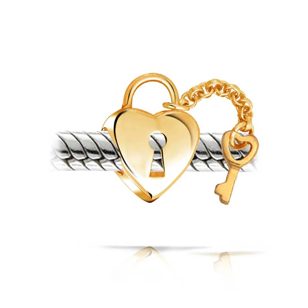 Heart Shaped Lock Love Gold Plated Key Charm Bead .925 Sterling Silver