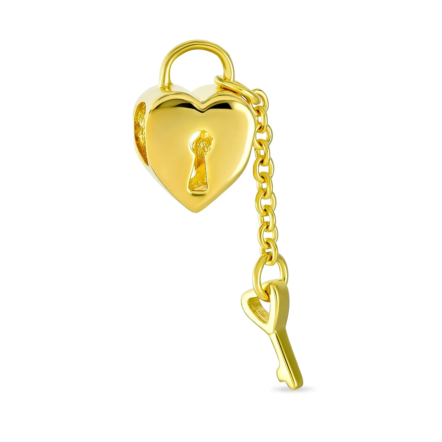 Heart Shaped Lock Love Gold Plated Key Charm Bead .925 Sterling Silver