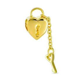 Heart Shaped Lock Love Gold Plated Key Charm Bead .925 Sterling Silver