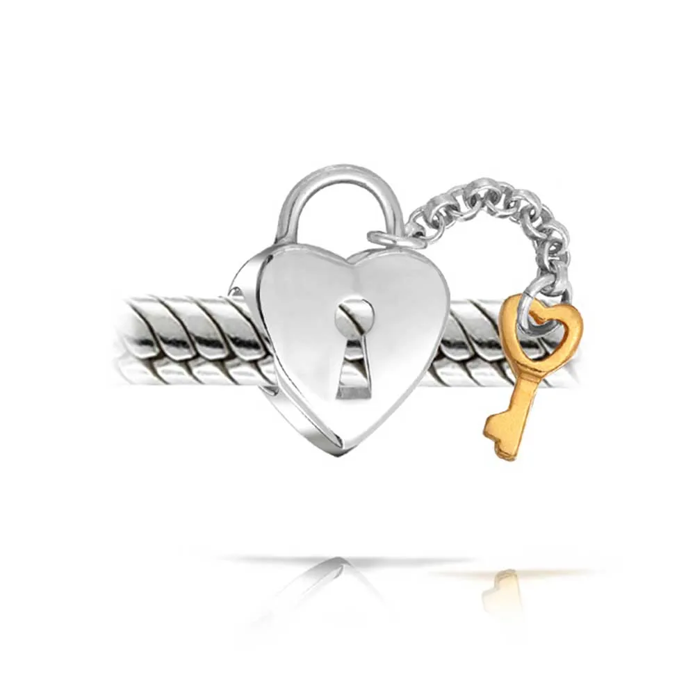 Heart Shaped Lock Love Gold Plated Key Charm Bead .925 Sterling Silver