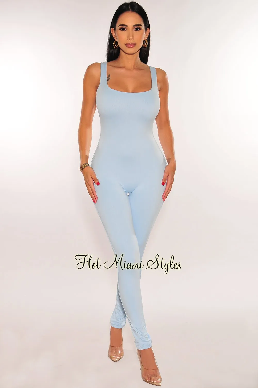 HMS Essential: Baby Blue Spaghetti Strap Open Back Perfect Fit Jumpsuit