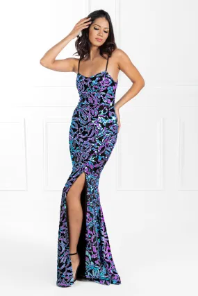 Honey Couture CHRISTINE Blue Black Purple Sequin Formal Dress