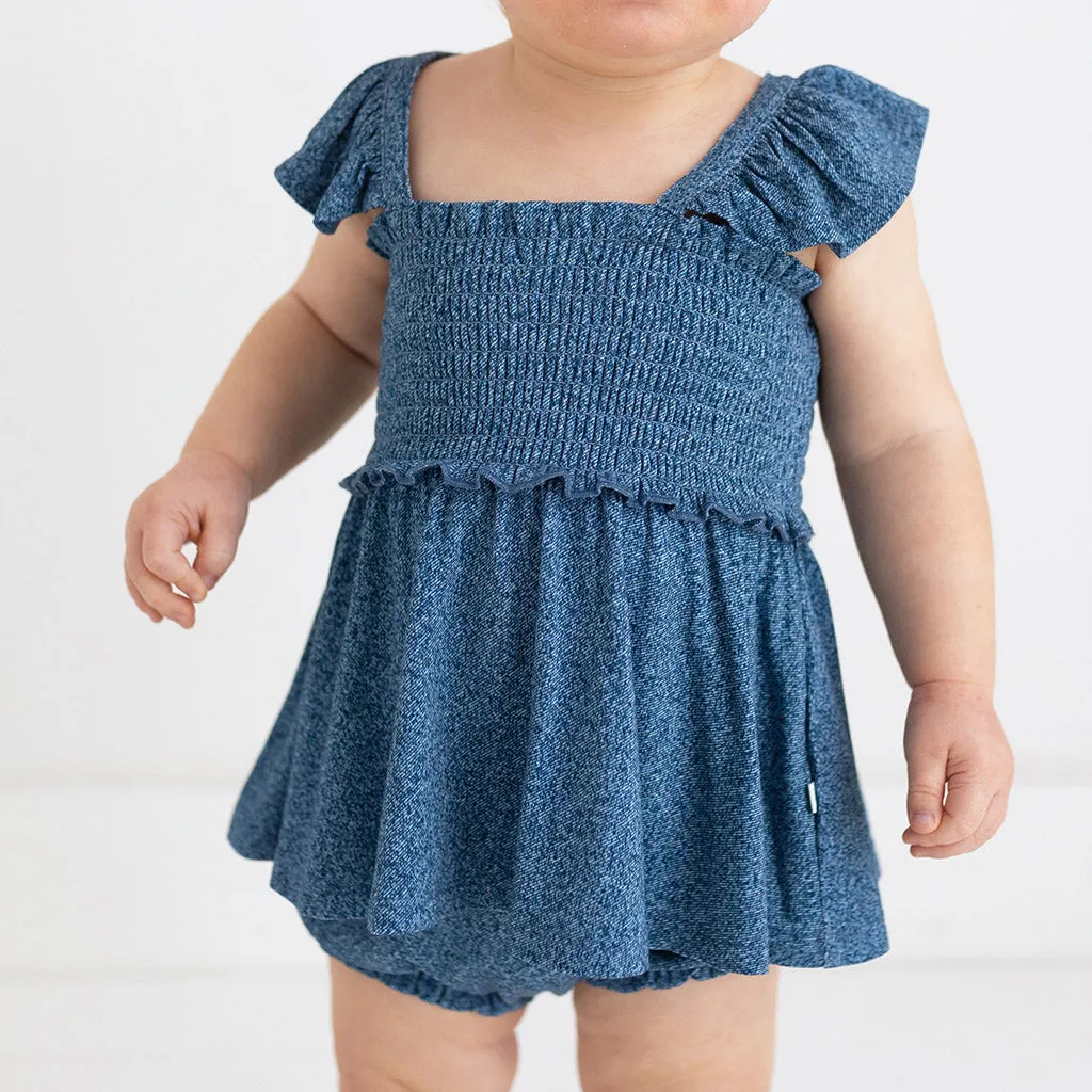 Indigo Denim Smocked Babydoll Bummie Set