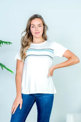 Jewel Neck Short Sleeve Tee with Multi Color Stripe Knit Inset at Bust in Off White (HT9231)