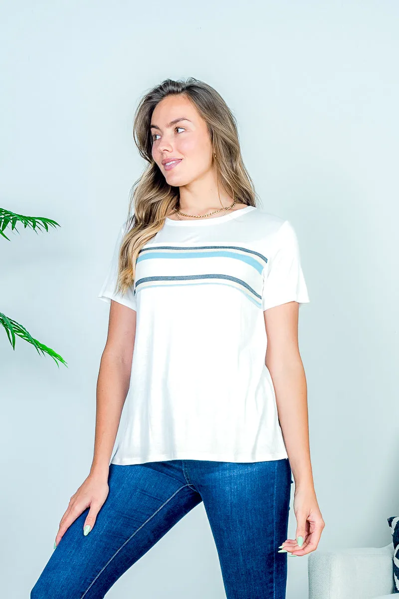 Jewel Neck Short Sleeve Tee with Multi Color Stripe Knit Inset at Bust in Off White (HT9231)