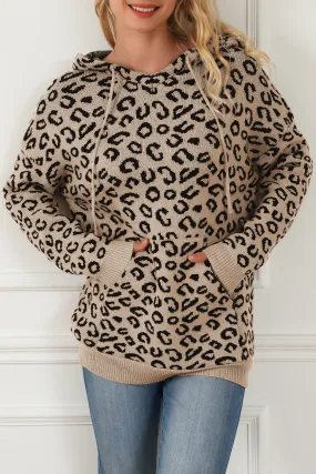 Khaki Leopard Knitted Drawstring Hooded Sweater