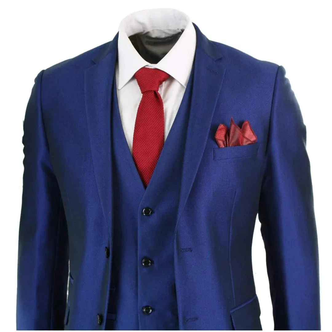 kingsley - Men's Boys 3 Piece Shiny Blue Wedding Prom Party Suit