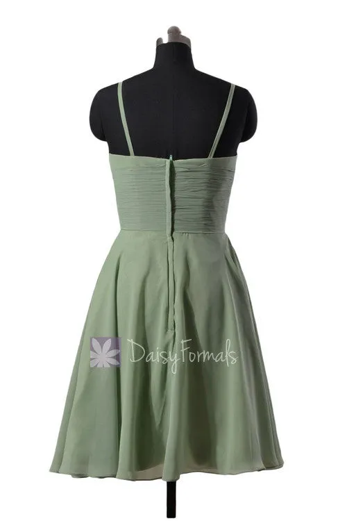 Knee Length Cocktail Dress Green Chiffon Bridal Party Dress W/Spaghetti Straps(BM8487E)