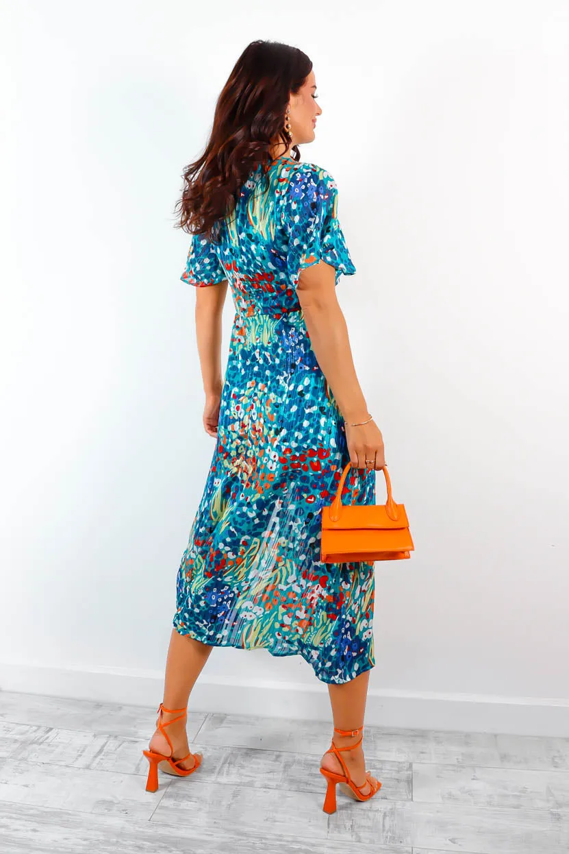 Let's Split - Blue Multi Floral Print Midi Dress