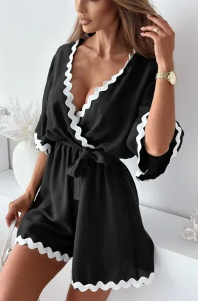 Mara Front Wrap Contrast Trim Playsuit-Black