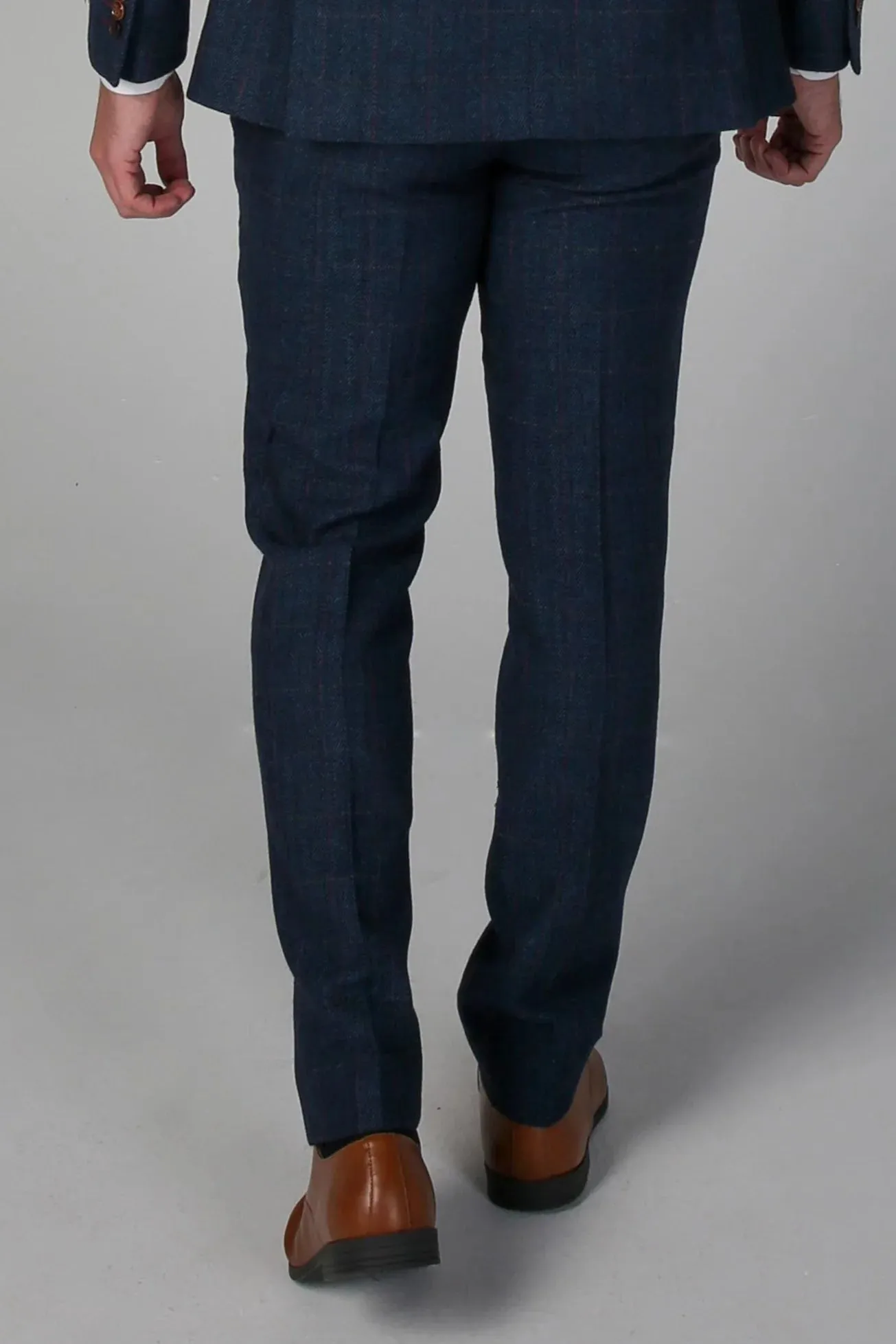 Mens Blue Trousers Herringbone Tweed Checked Formal Suit Pants